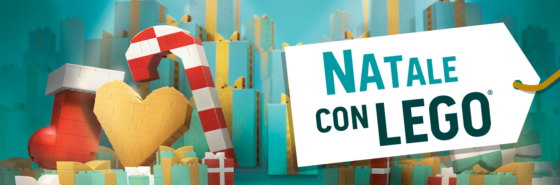 Natale con LEGO® - visual natalizio con calza, cuore e bastoncino di zucchero in mattoncini. Etichetta con titolo 'Natale con LEGO®'.